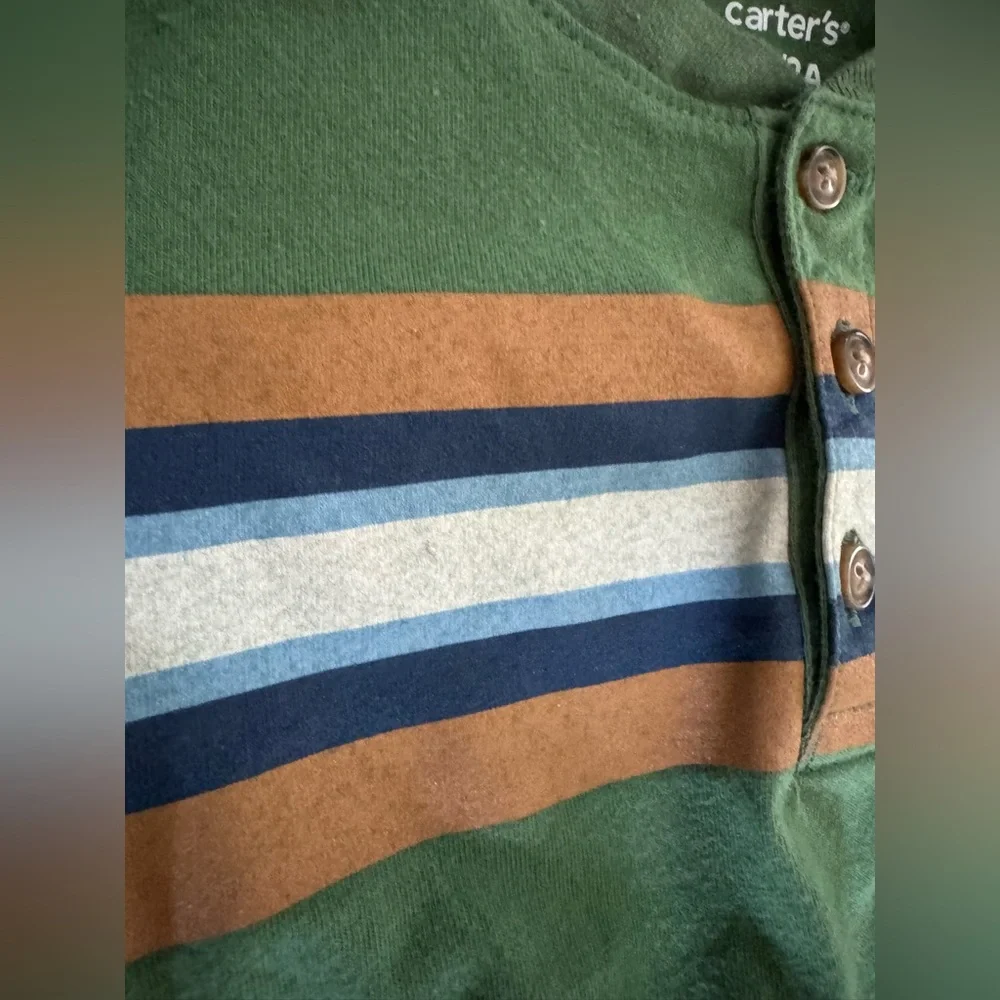 Carter’s Green & Khaki toddler boy outfit 2T Button up striped shirt lined pants